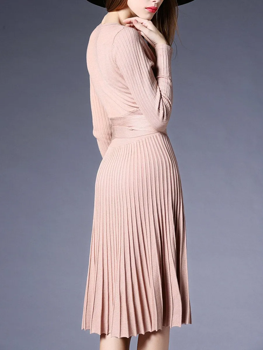 Sexy V-Neck Solid Pleated Knitted Skater Dress