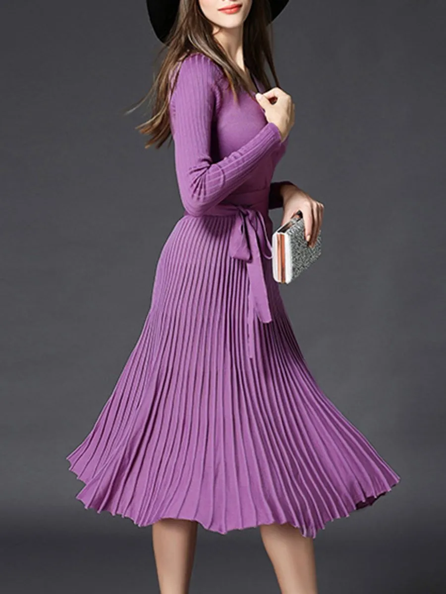 Sexy V-Neck Solid Pleated Knitted Skater Dress