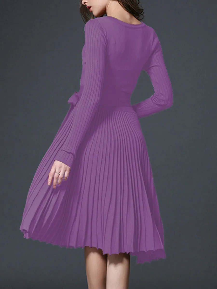 Sexy V-Neck Solid Pleated Knitted Skater Dress