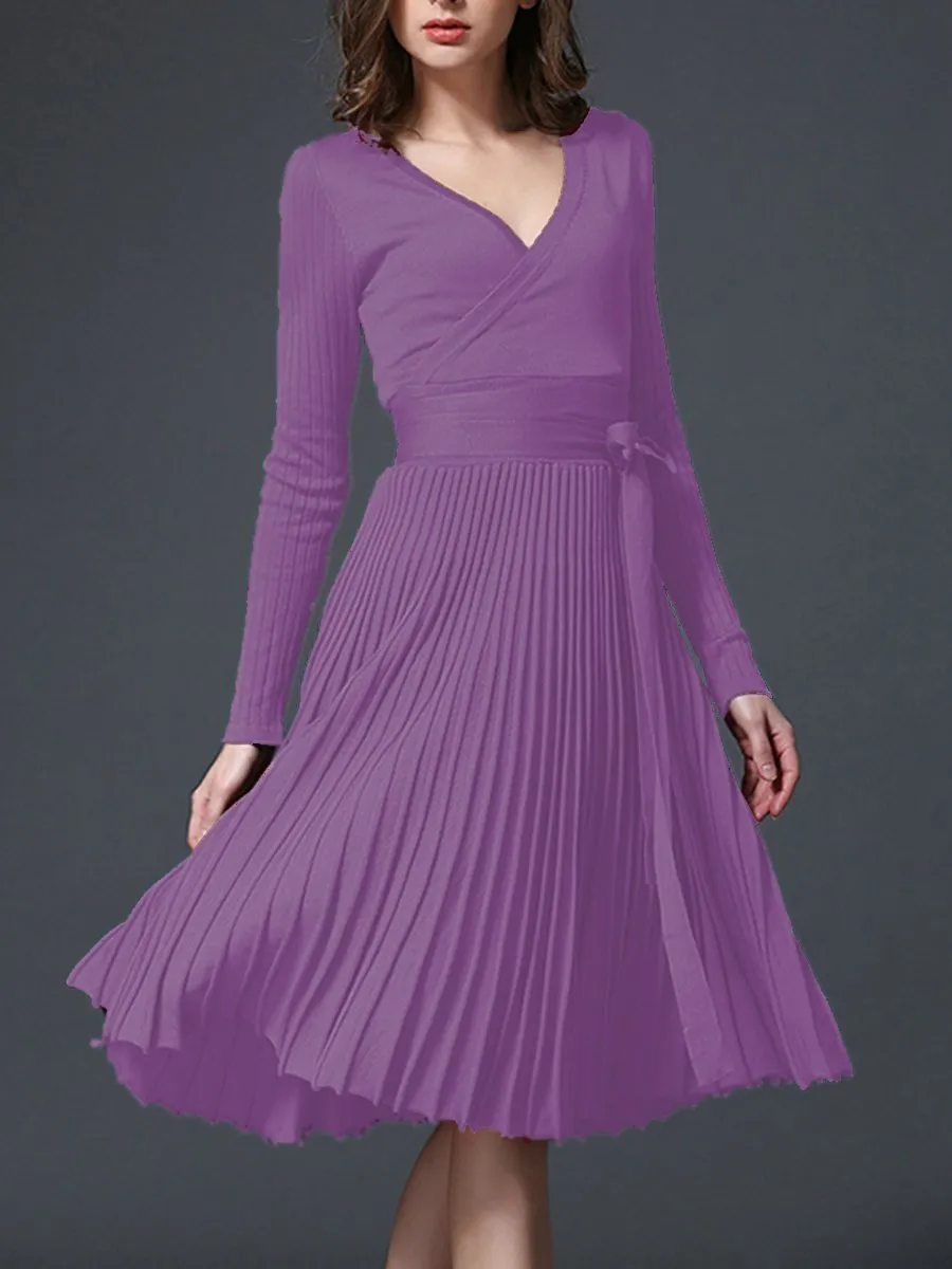 Sexy V-Neck Solid Pleated Knitted Skater Dress