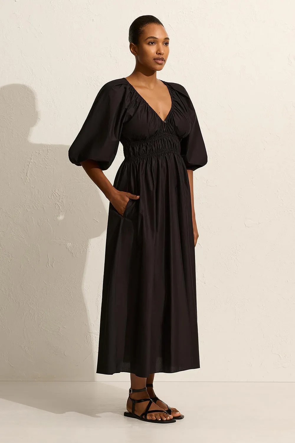 Shirred Plunge Button Dress