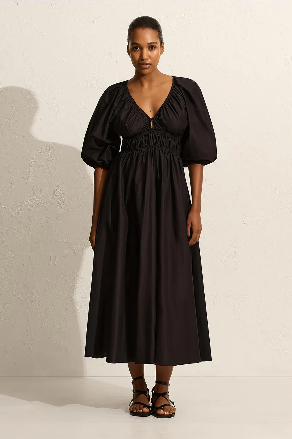 Shirred Plunge Button Dress