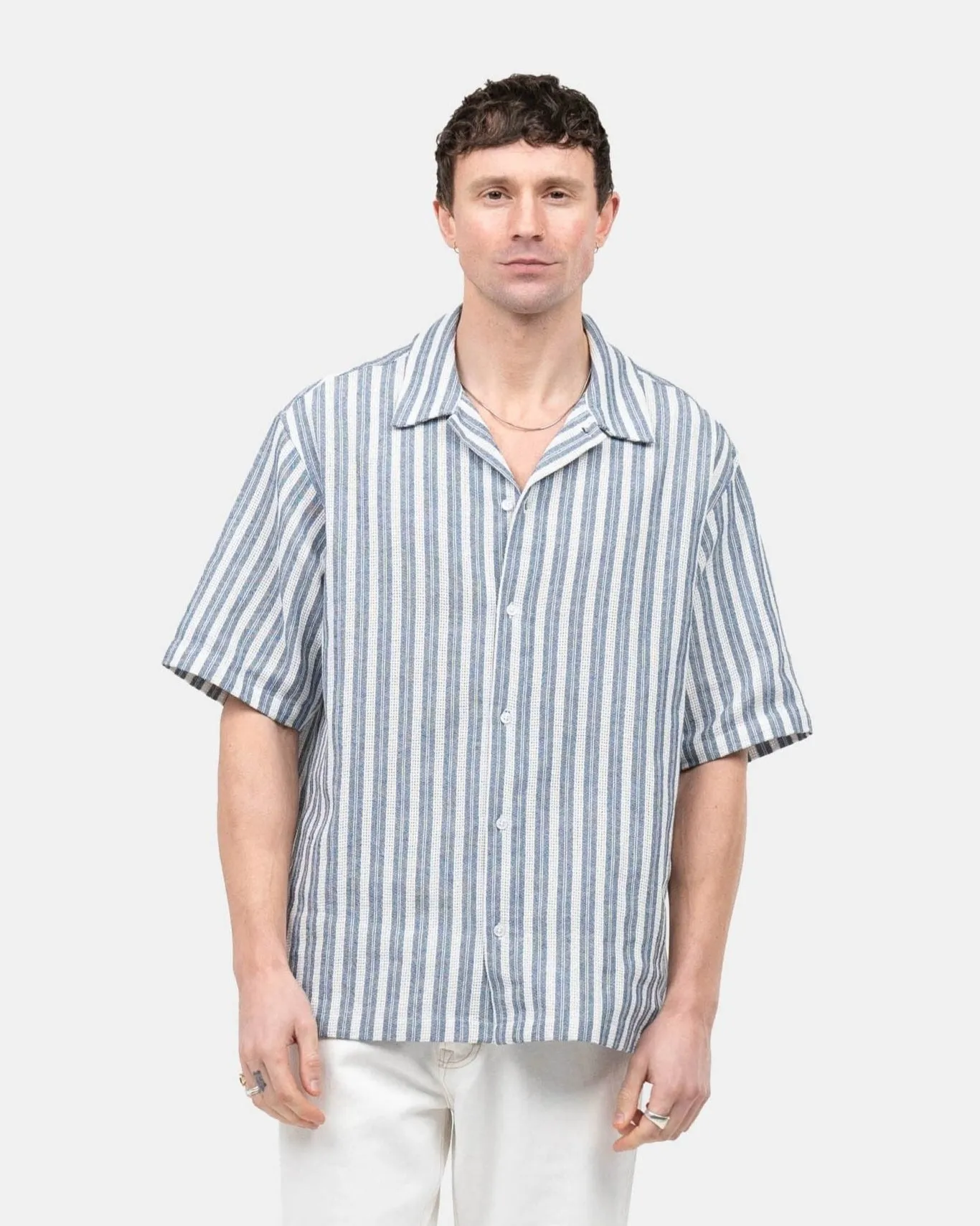 Short Sleeve Knit Shirt Navy Striped