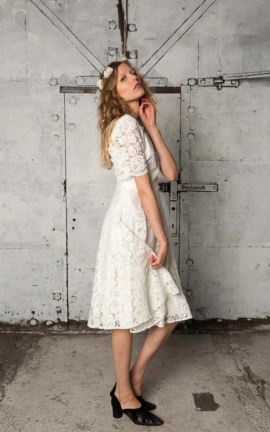 Short Sleeve Lace Knee Length A-Line Dress With Low-V Back-ET_711180