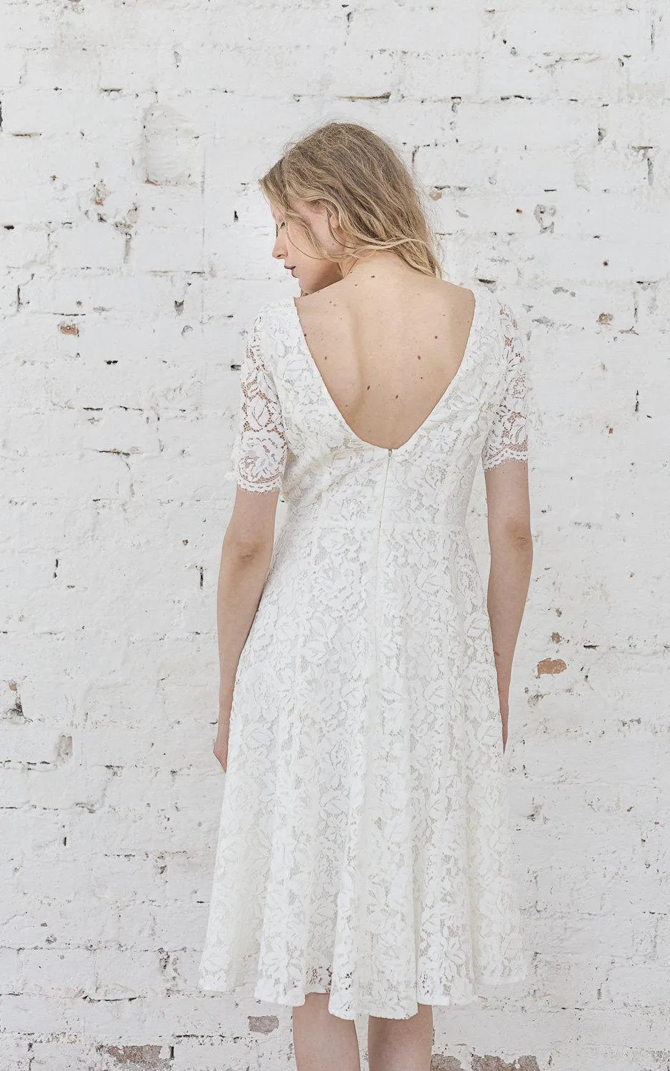 Short Sleeve Lace Knee Length A-Line Dress With Low-V Back-ET_711180