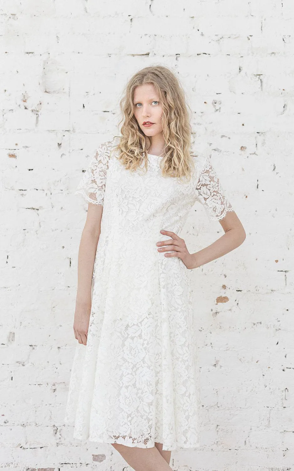 Short Sleeve Lace Knee Length A-Line Dress With Low-V Back-ET_711180