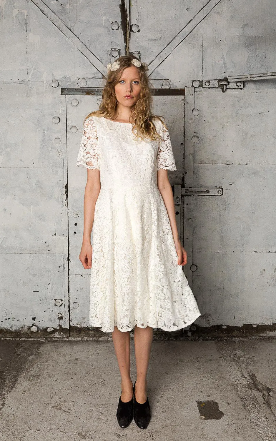Short Sleeve Lace Knee Length A-Line Dress With Low-V Back-ET_711180