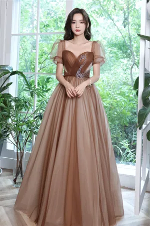 Short Sleeves Brown Tulle A-line Long Formal Dress