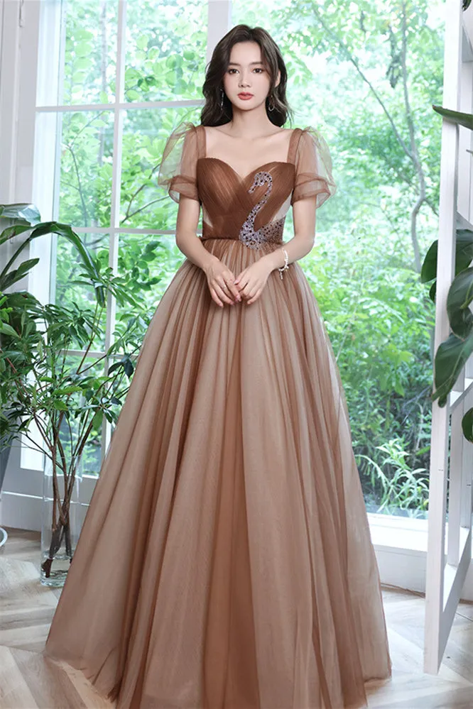 Short Sleeves Brown Tulle A-line Long Formal Dress
