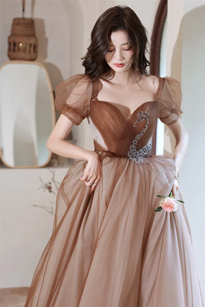 Short Sleeves Brown Tulle A-line Long Formal Dress