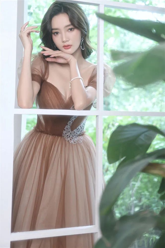 Short Sleeves Brown Tulle A-line Long Formal Dress