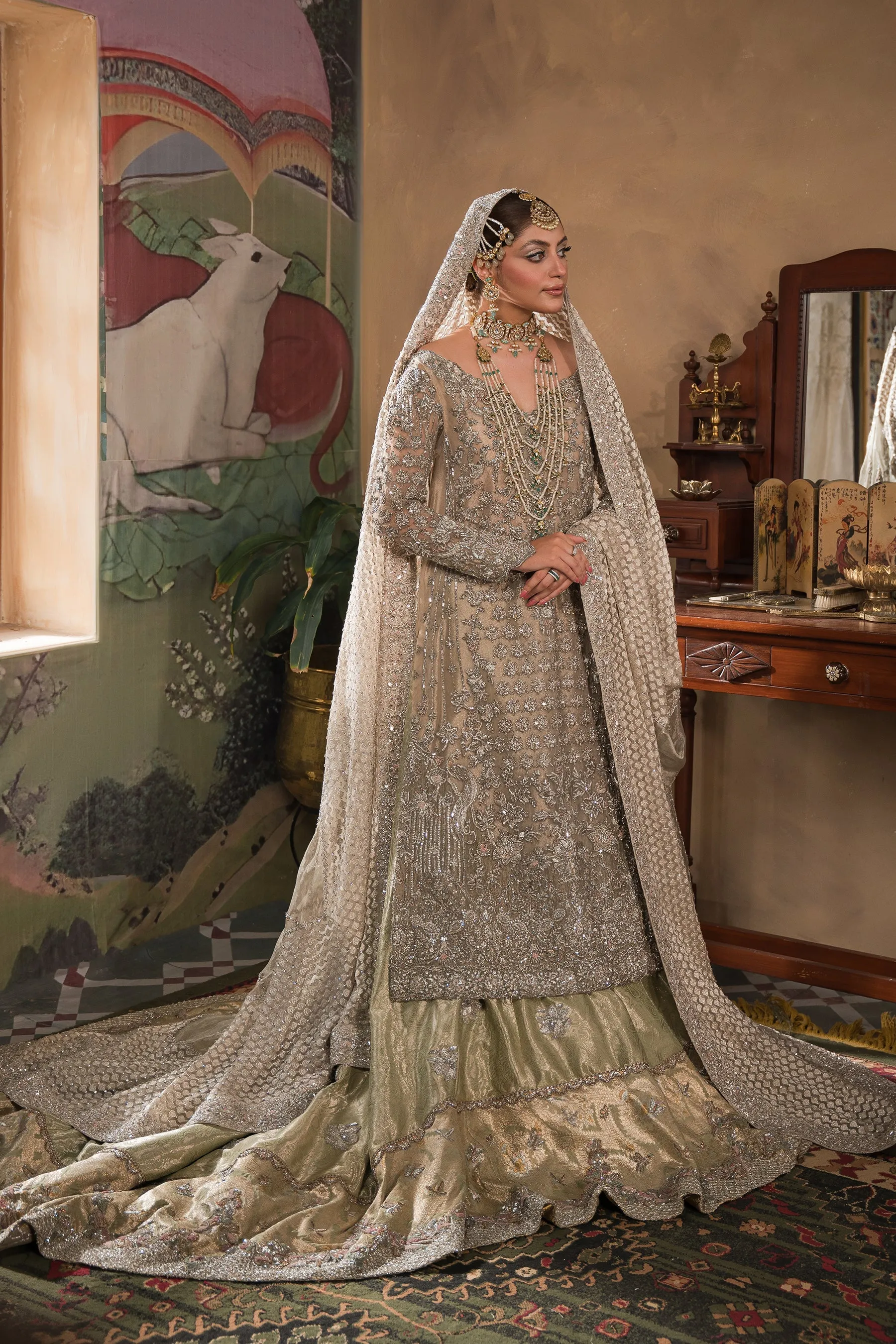 Silver Mint Combined Pakistani Bridal Dress Classic Farshi Bridal Lehenga
