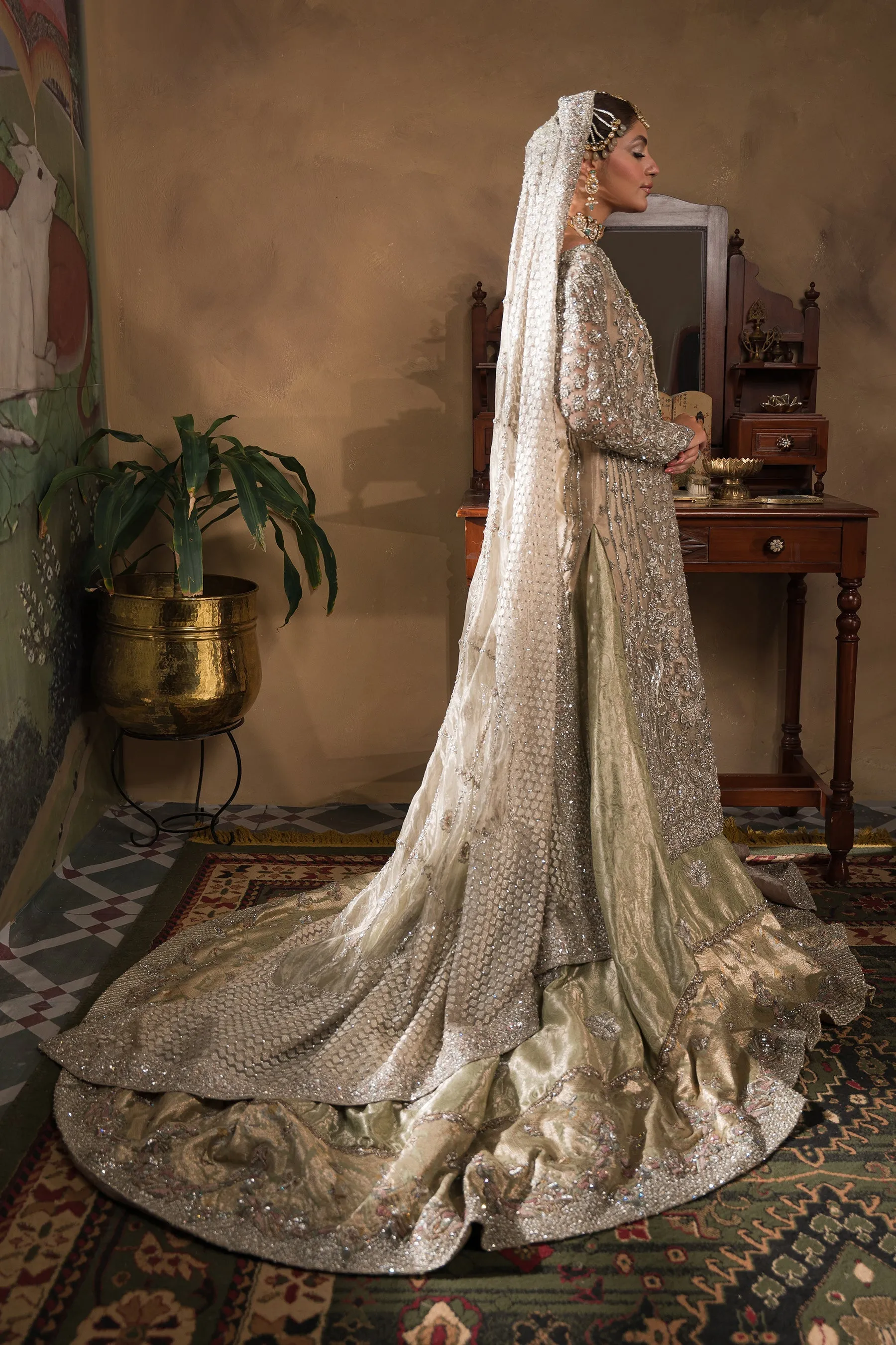 Silver Mint Combined Pakistani Bridal Dress Classic Farshi Bridal Lehenga