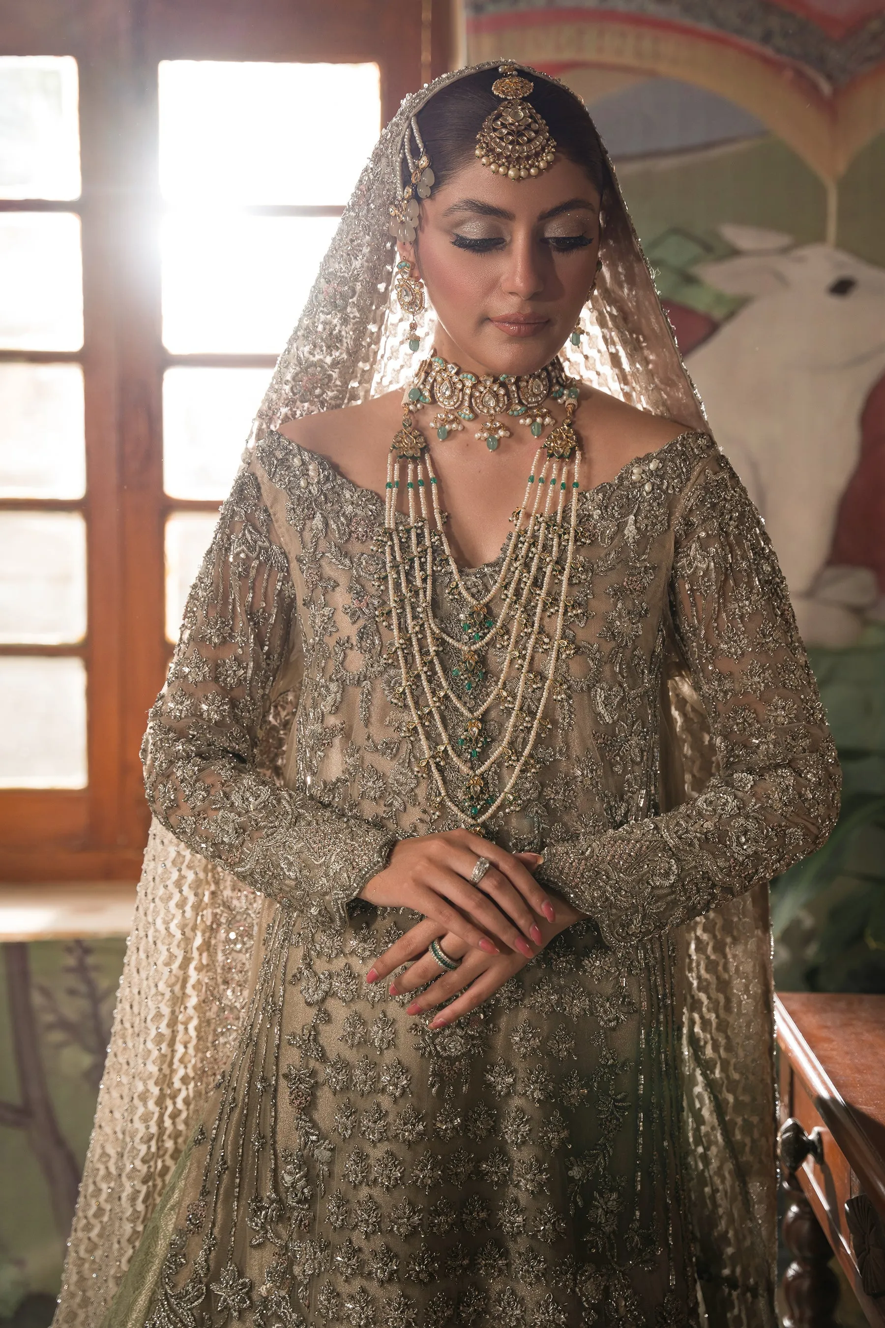 Silver Mint Combined Pakistani Bridal Dress Classic Farshi Bridal Lehenga