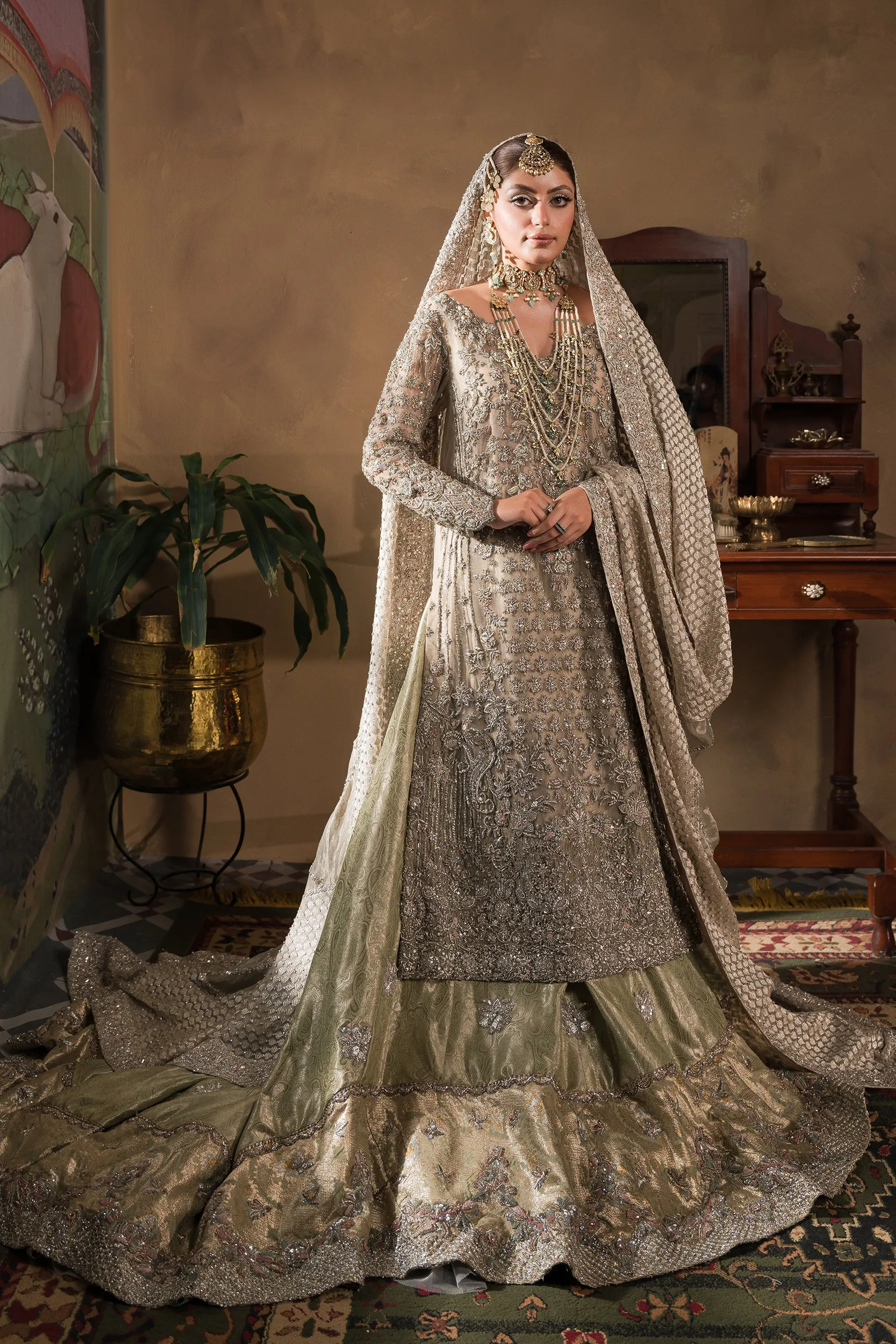 Silver Mint Combined Pakistani Bridal Dress Classic Farshi Bridal Lehenga