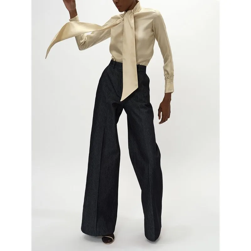 Simple Pain Neck Tie Silk Blouse&Shirt
