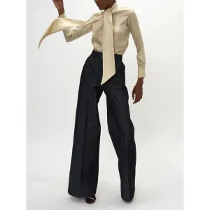 Simple Pain Neck Tie Silk Blouse&Shirt