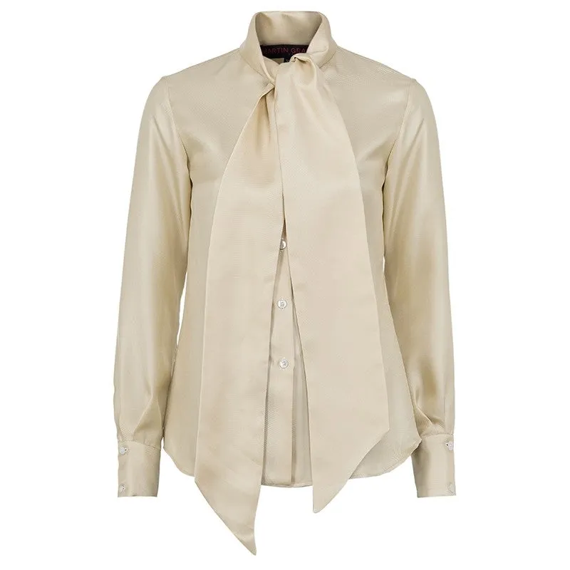 Simple Pain Neck Tie Silk Blouse&Shirt