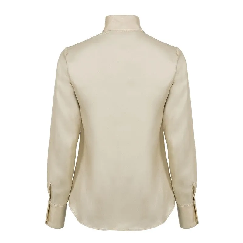 Simple Pain Neck Tie Silk Blouse&Shirt