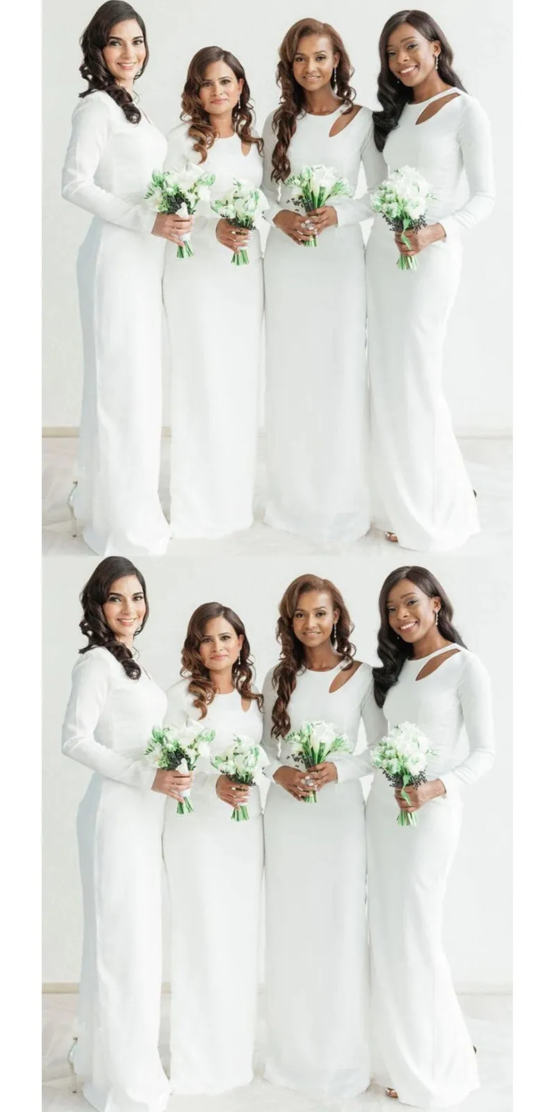 Simple White Mermaid Long Sleeves Cheap Bridesmaid Dresses,WG1366