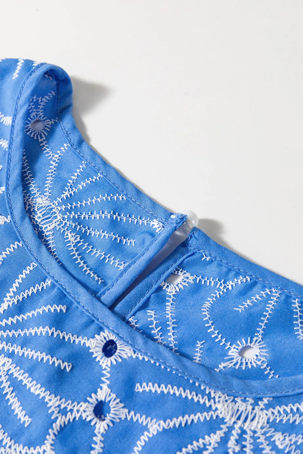 Sky Blue Eyelet Flower Embroidery Frilled Short Puff Sleeve Blouse