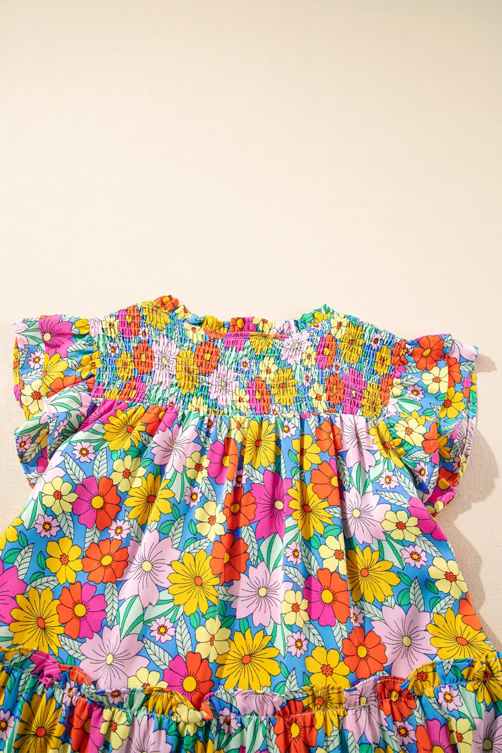 Sky Blue Floral Print Smocked Notch V Neck Flutter Sleeve Mini Dress