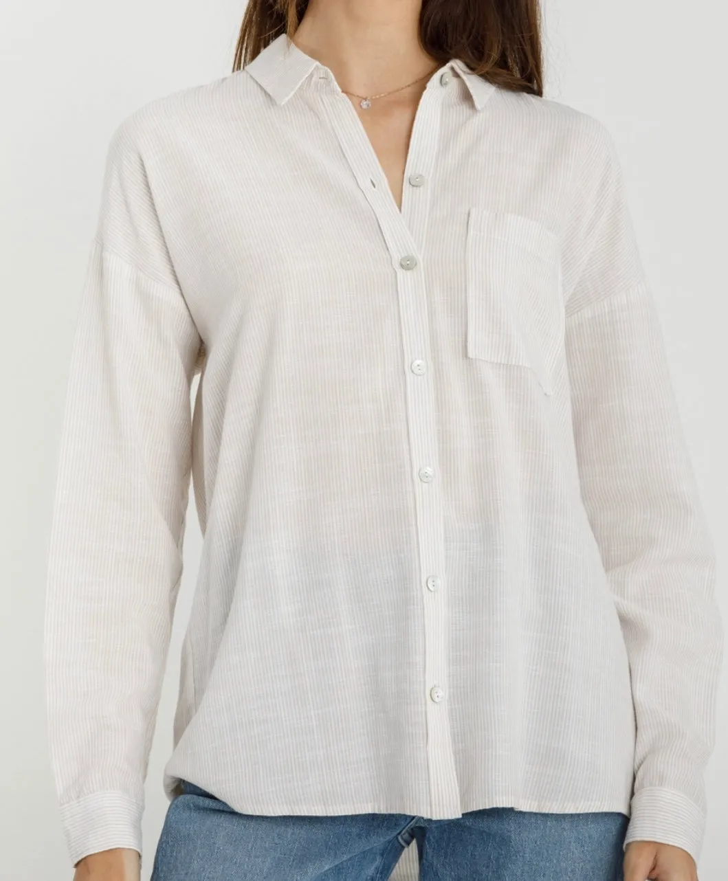 Skylar Button Up Blouse in Pinstripe Taupe