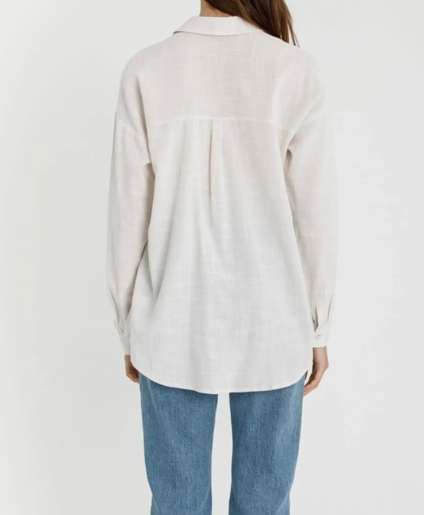 Skylar Button Up Blouse in Pinstripe Taupe