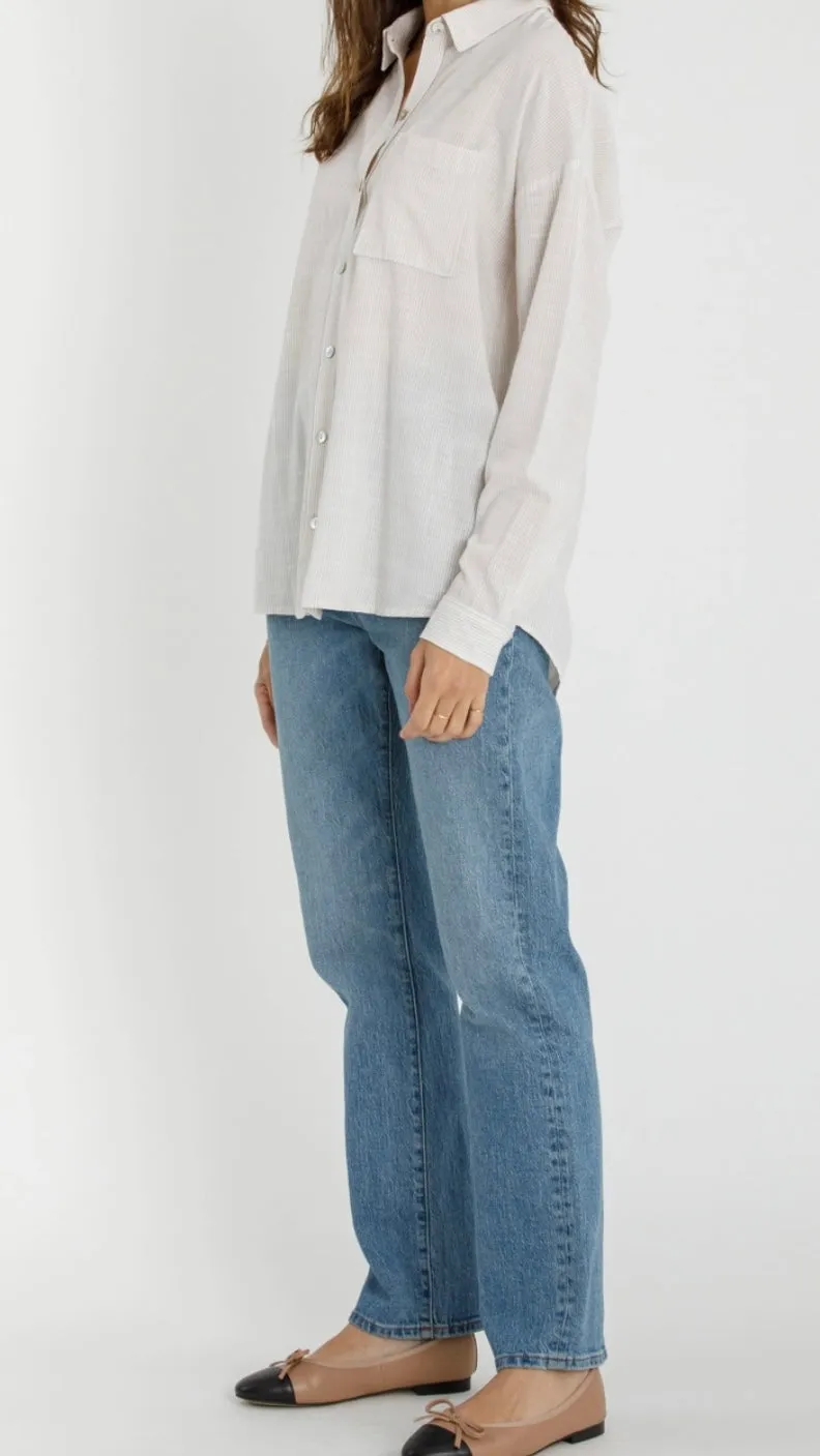 Skylar Button Up Blouse in Pinstripe Taupe