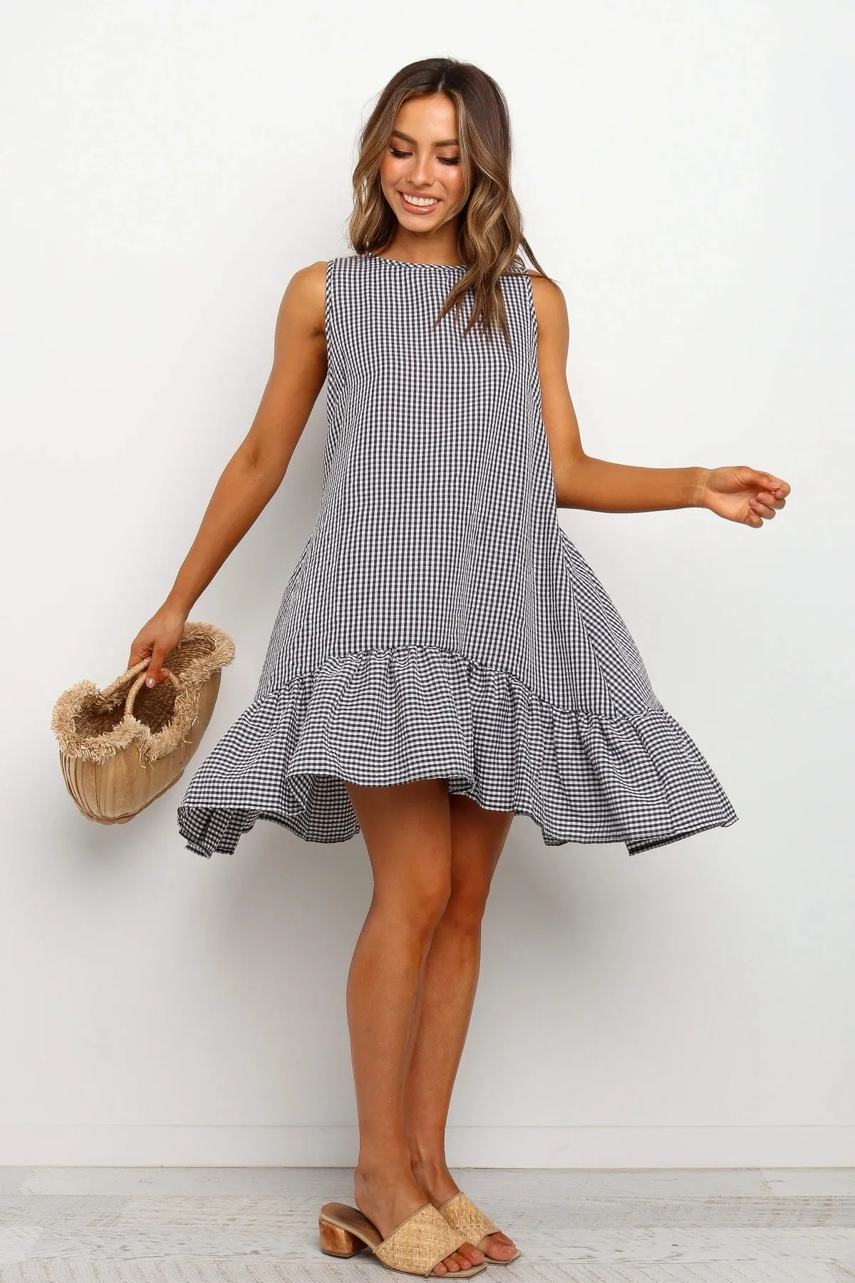 Sleeveless Plaid Round Neck Ruffles Hem Mini Dresses