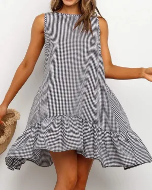 Sleeveless Plaid Round Neck Ruffles Hem Mini Dresses