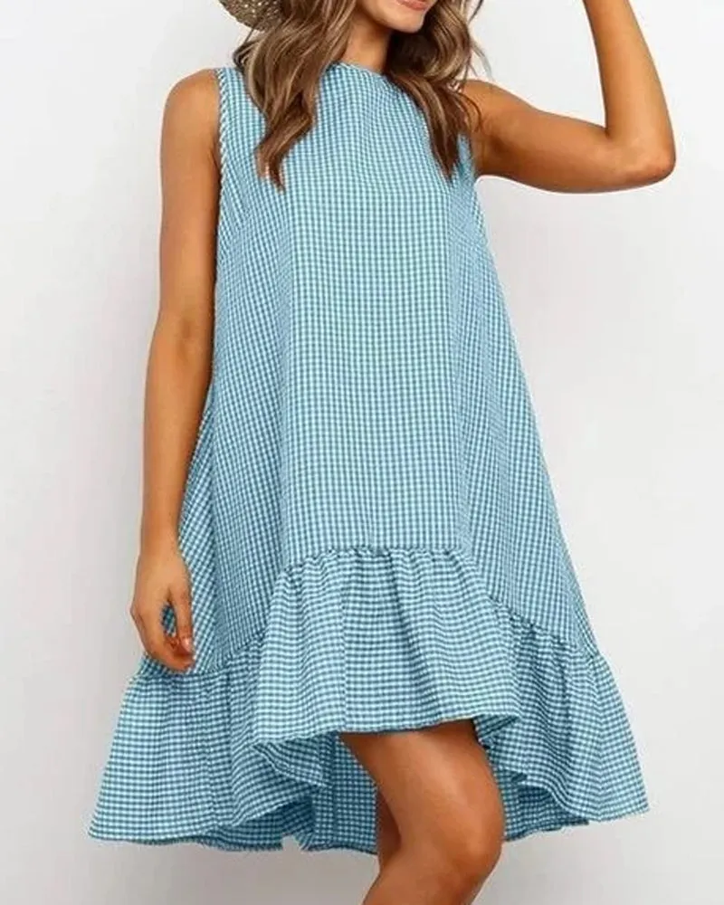 Sleeveless Plaid Round Neck Ruffles Hem Mini Dresses