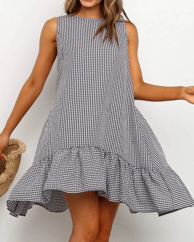 Sleeveless Plaid Round Neck Ruffles Hem Mini Dresses