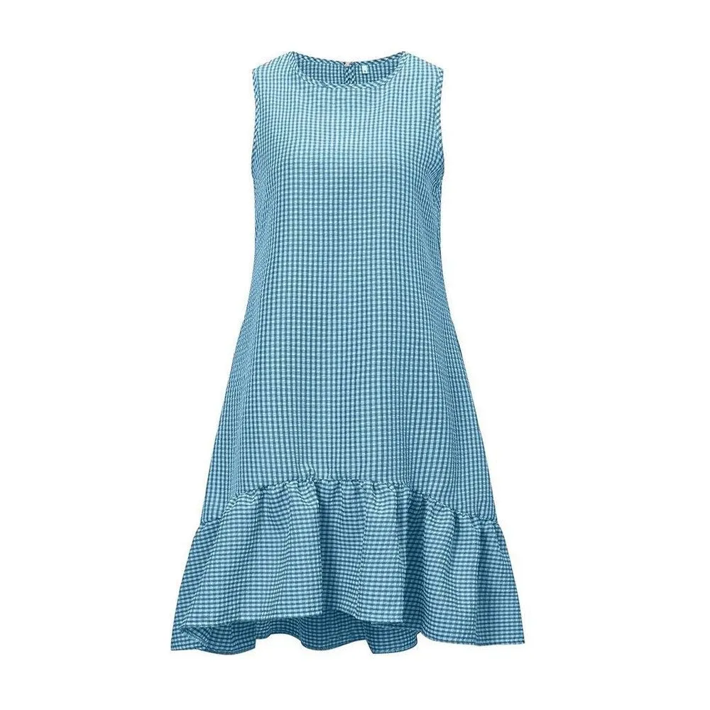 Sleeveless Plaid Round Neck Ruffles Hem Mini Dresses
