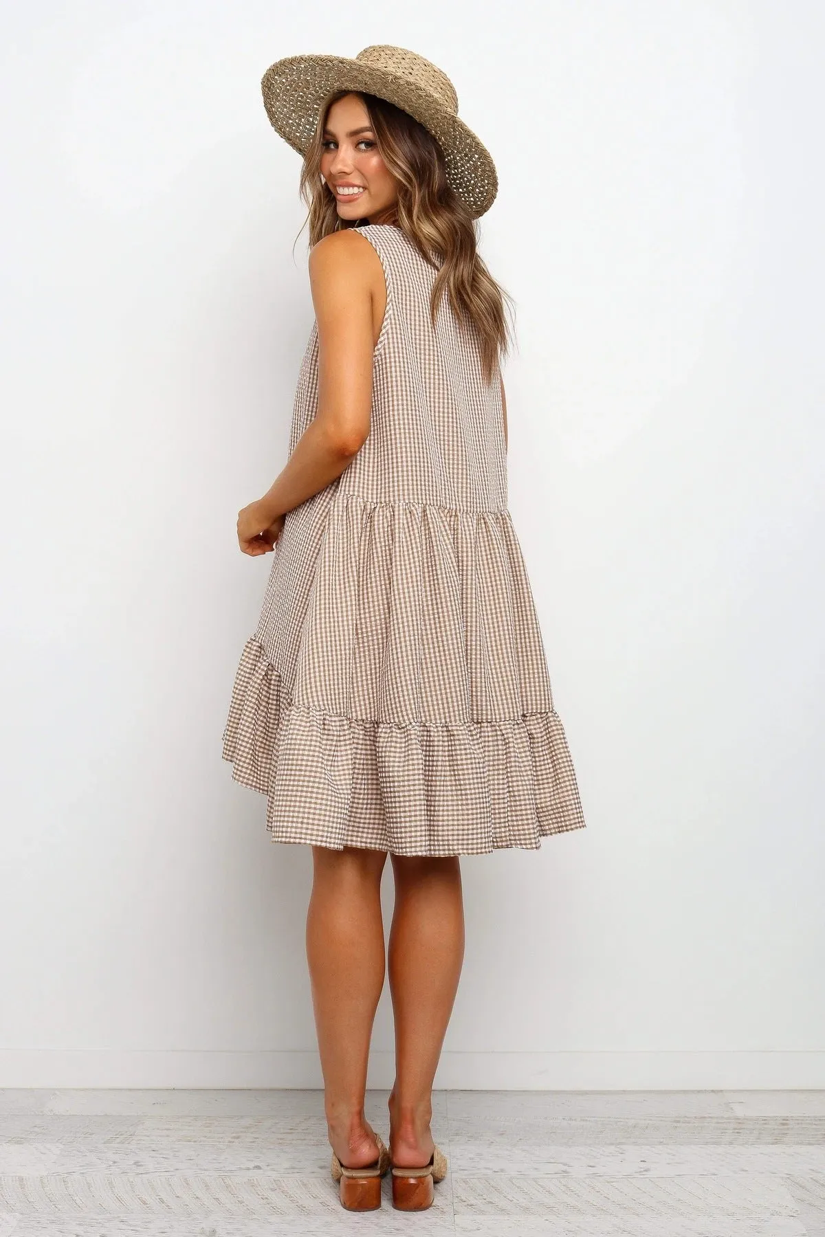 Sleeveless Plaid Round Neck Ruffles Hem Mini Dresses