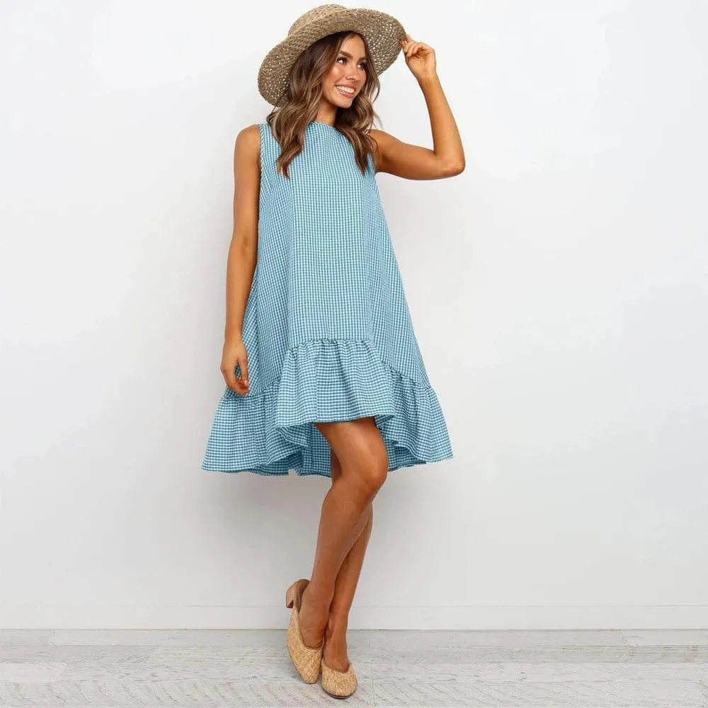 Sleeveless Plaid Round Neck Ruffles Hem Mini Dresses