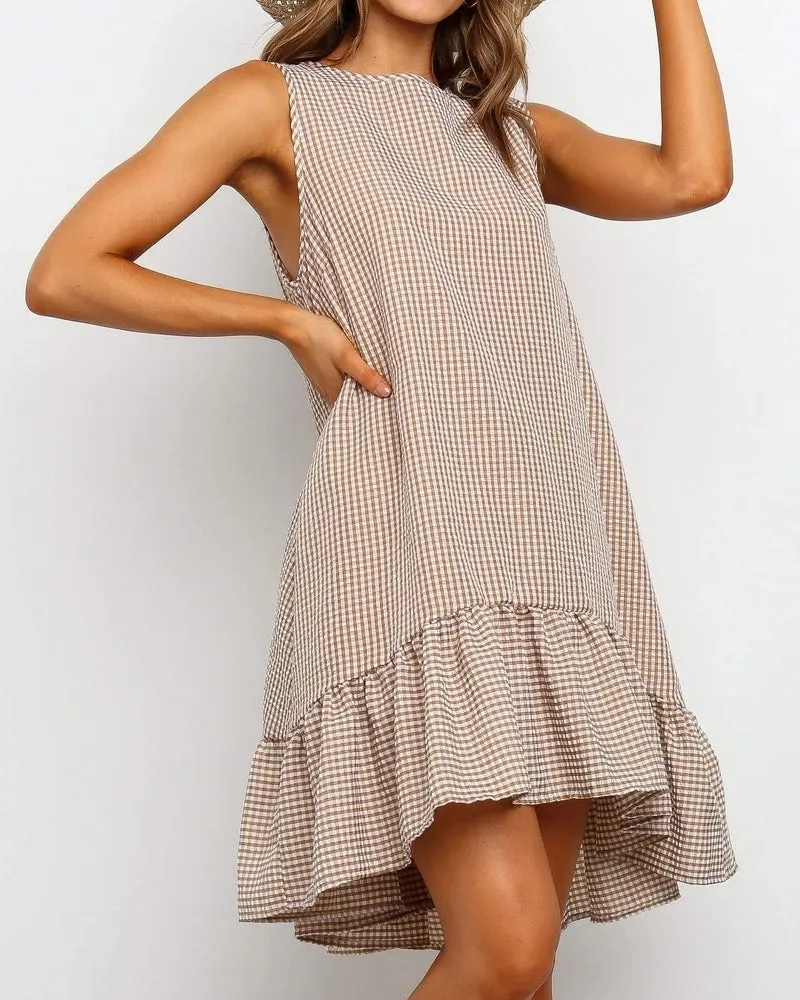 Sleeveless Plaid Round Neck Ruffles Hem Mini Dresses
