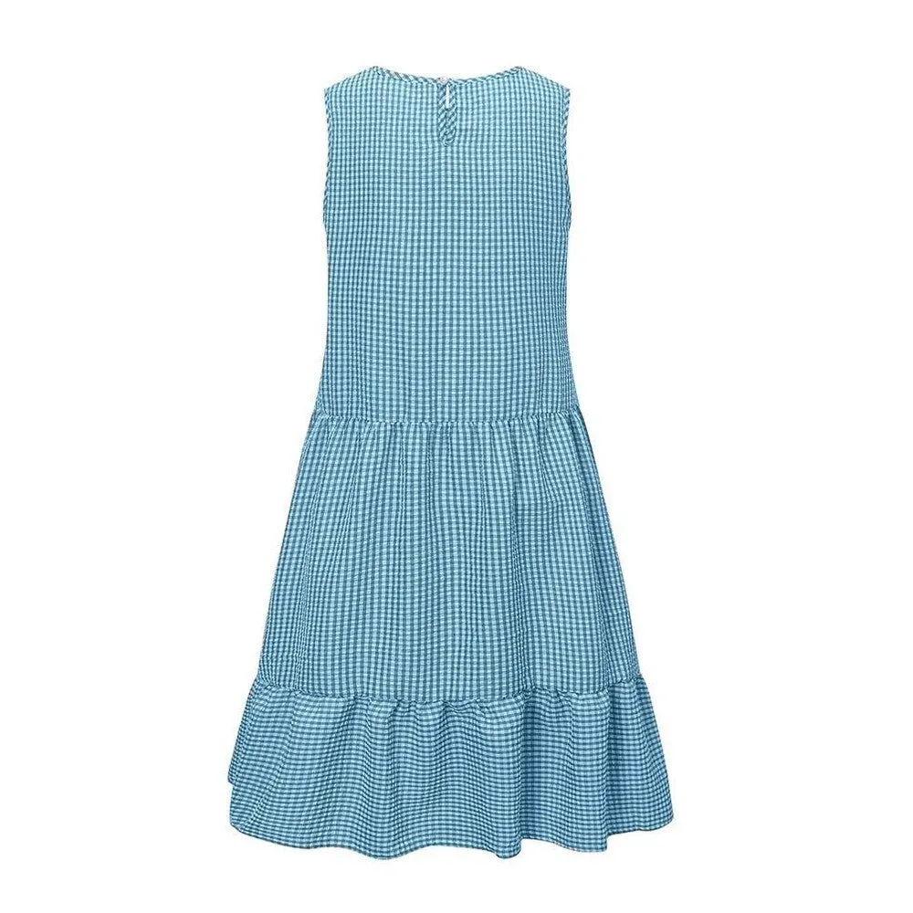 Sleeveless Plaid Round Neck Ruffles Hem Mini Dresses