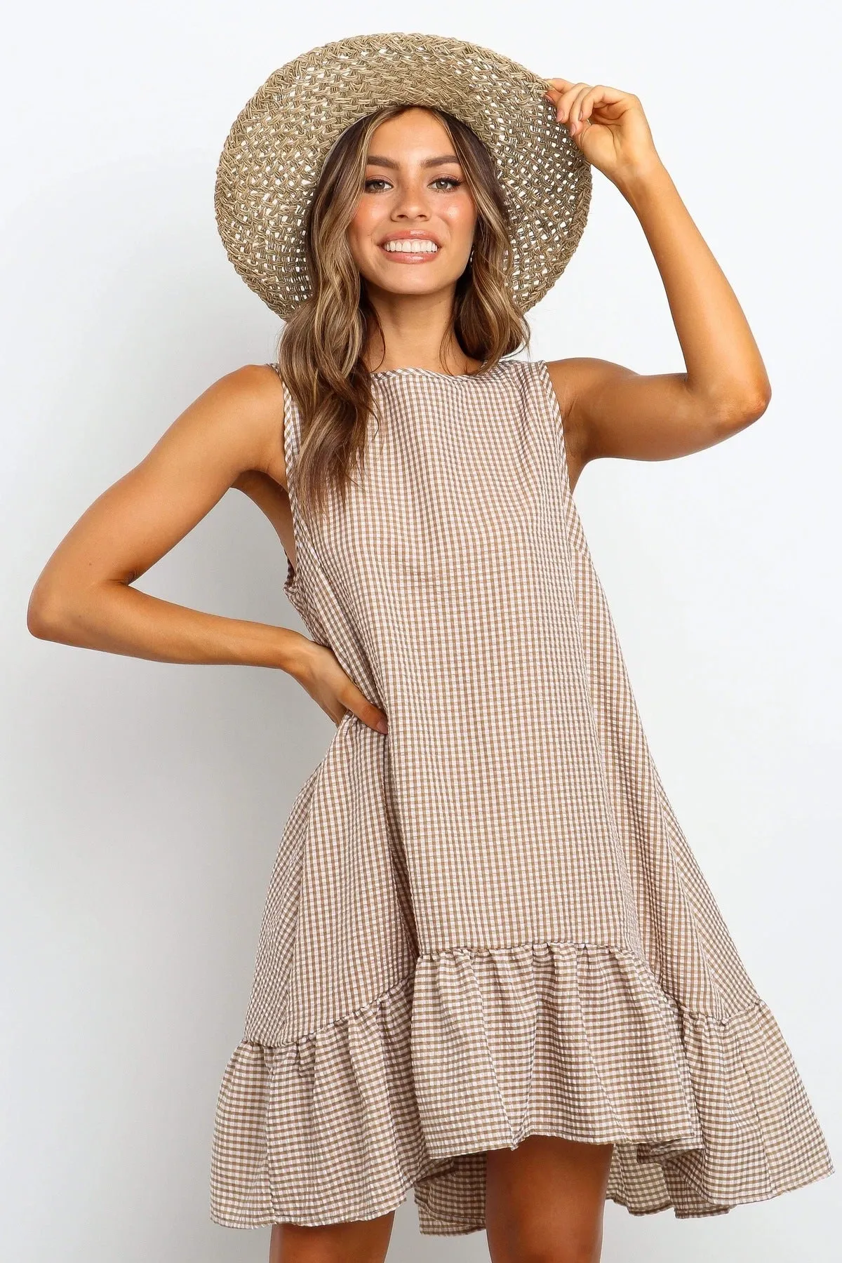 Sleeveless Plaid Round Neck Ruffles Hem Mini Dresses