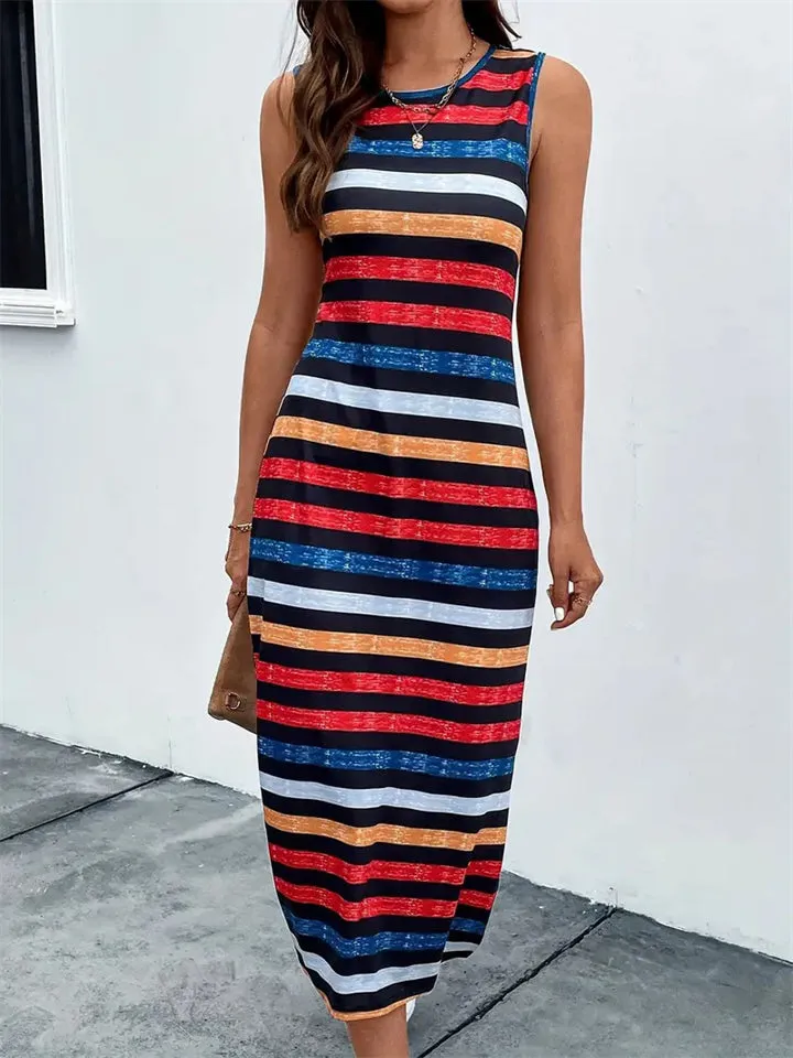 Sleeveless Striped Split Dresses for Ladies
