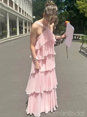 Soft Halter Sleeveless A-line Satin Evening Prom Dresses Online, OLP913
