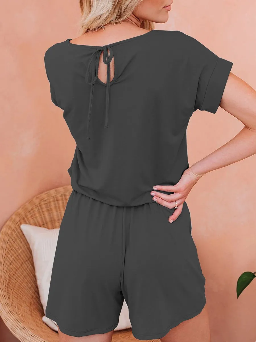 Solid Back Tie Casual Romper