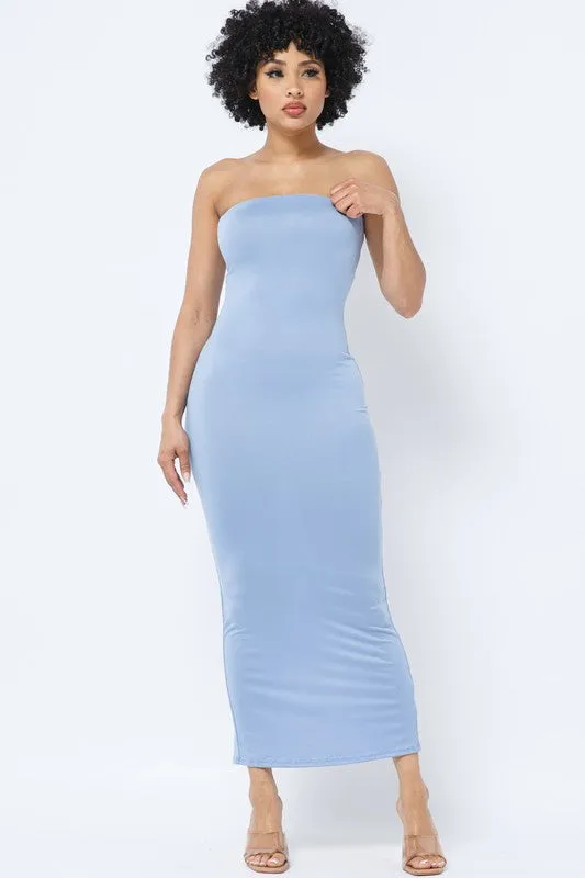 SOLID STRAPLESS DRESS WITH BACK SLIT