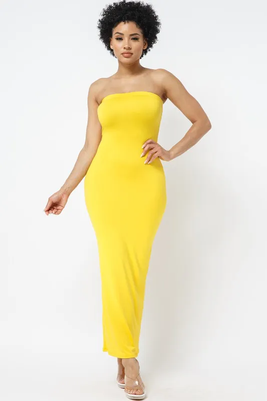 SOLID STRAPLESS DRESS WITH BACK SLIT