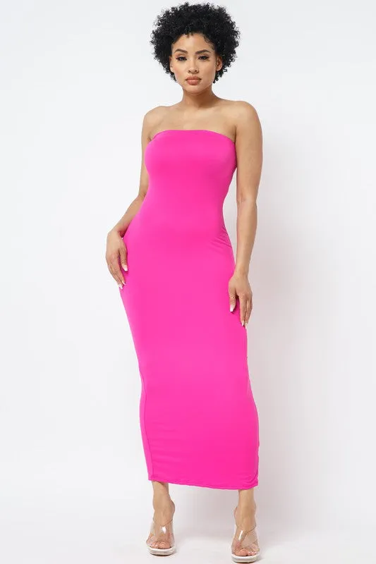 SOLID STRAPLESS DRESS WITH BACK SLIT