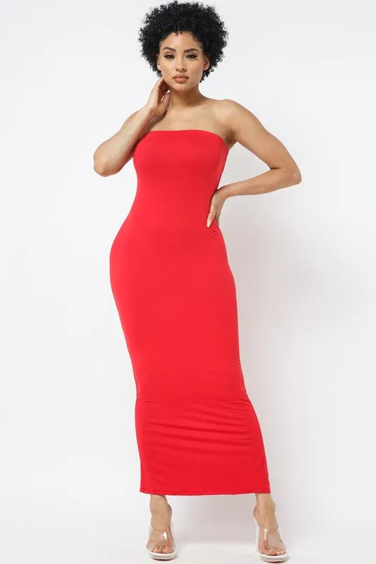 SOLID STRAPLESS DRESS WITH BACK SLIT