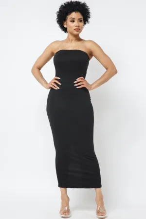 SOLID STRAPLESS DRESS WITH BACK SLIT