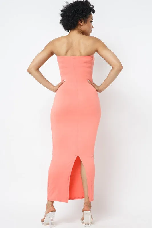 SOLID STRAPLESS DRESS WITH BACK SLIT