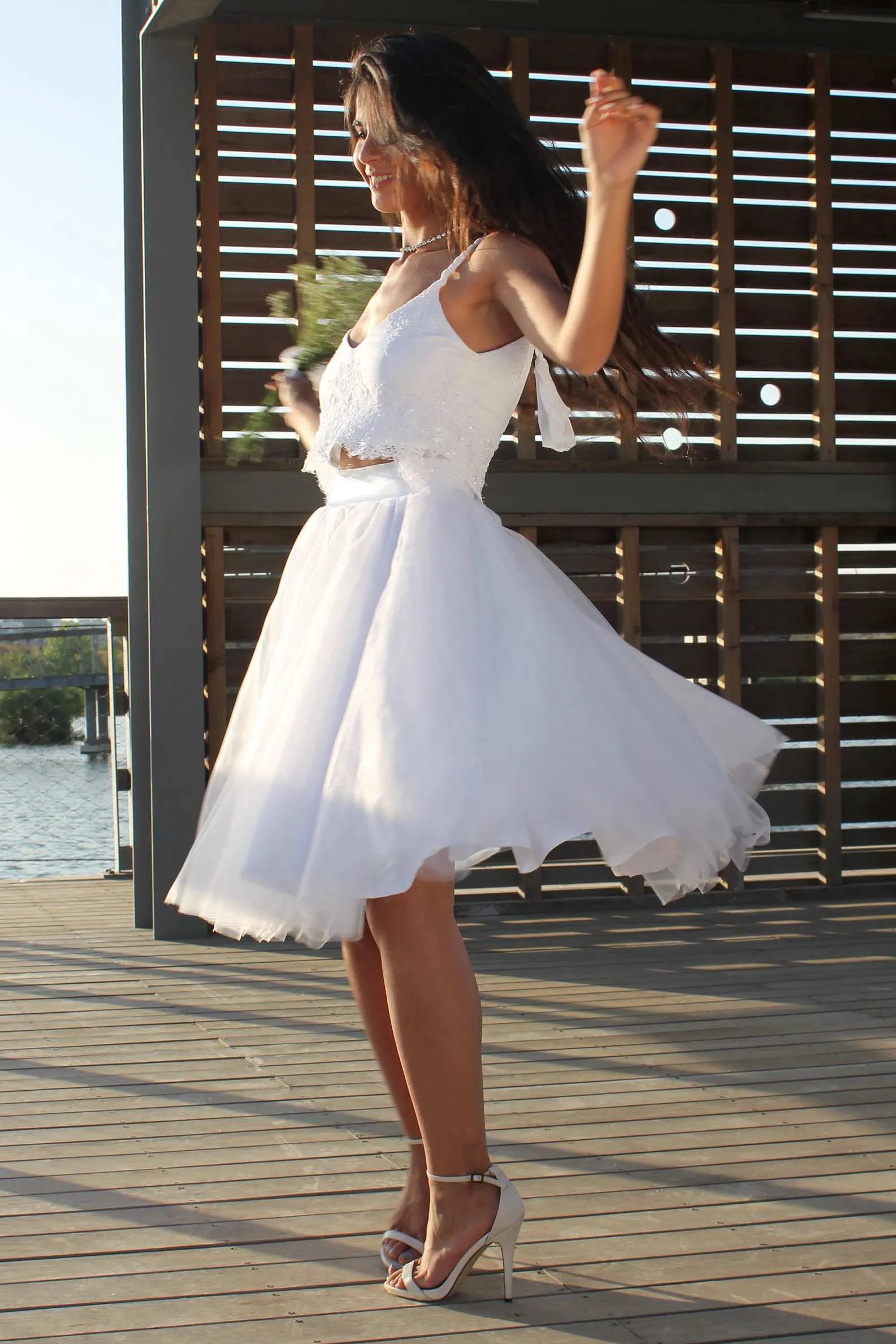 Spaghetti Short A-Line Two-Piece Wedding Dress With Lace-715104