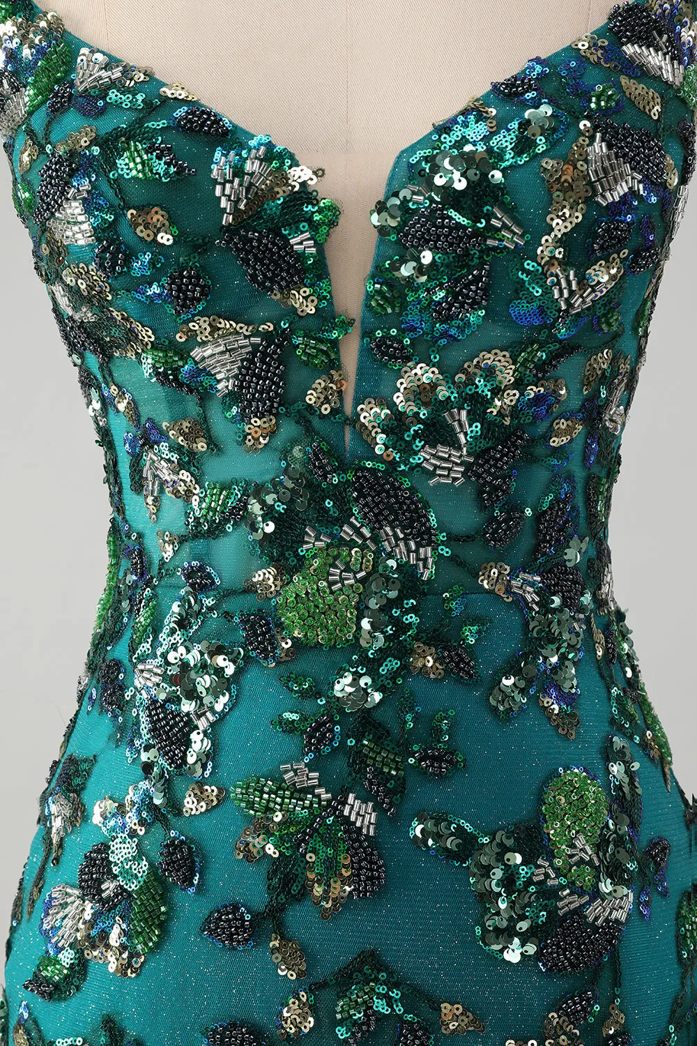 Sparkly Dark Green Bodycon Spaghetti Straps Short Homecoming Dress with Beading